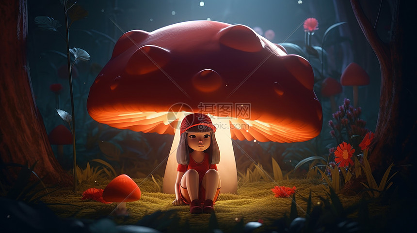 一个小女孩坐在森林中巨大的蘑菇下图片