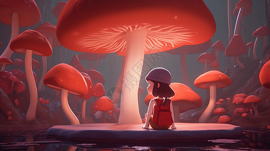 梦幻卡通蘑菇下坐着一个小女孩图片