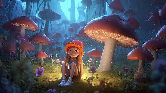 坐在魔幻森林林里的卡通小女孩图片