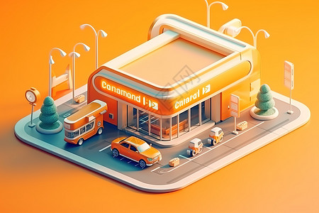 可爱的汽车服务商场加油站3D插画