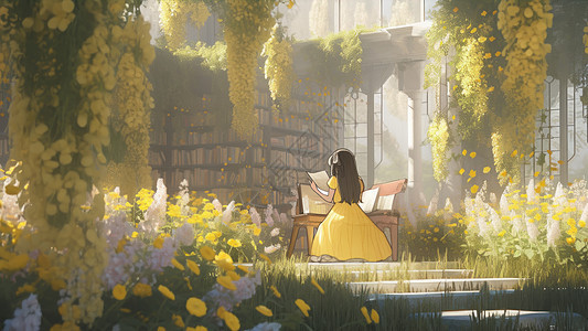 一个小女孩在满是和花朵的大厅内看书图片