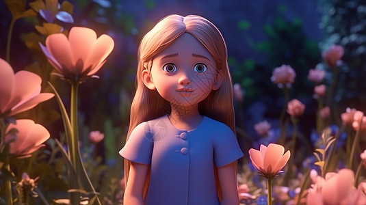 站在花丛中的立体可爱卡通小女孩图片