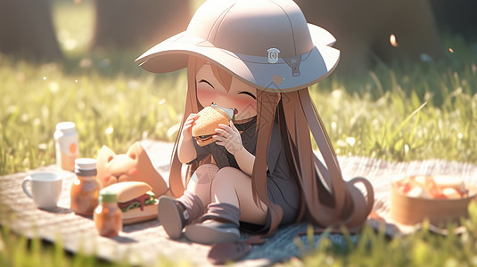 坐在野餐垫上吃面包的可爱的卡通小女孩图片