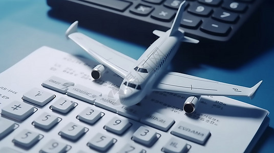 飞机模型和计算器表现机票价格和旅游预算的概念图片