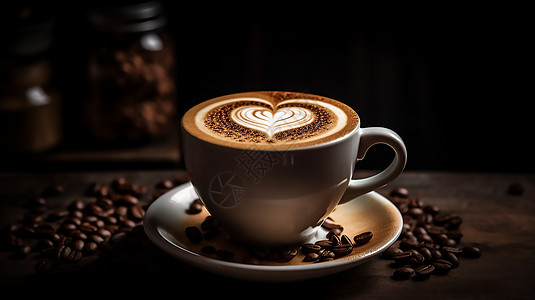 一杯布满心泡沫的卡布奇诺拿铁咖啡背景图片