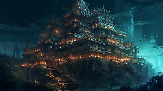 幻想夜间亮满灯光的古寺庙建筑图片