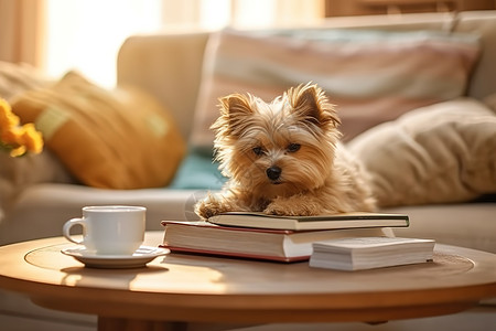 沙发上的小狗陪伴下午茶图片
