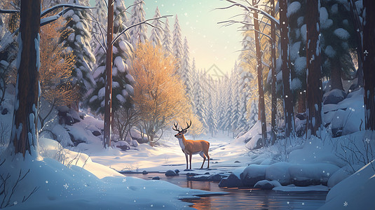 下雪天在森林里的小鹿图片