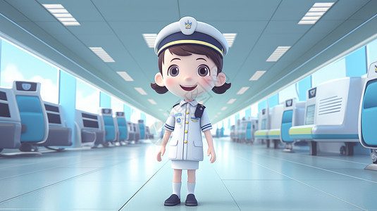 站在车站候车室的穿白色制服的卡通列车乘务员图片