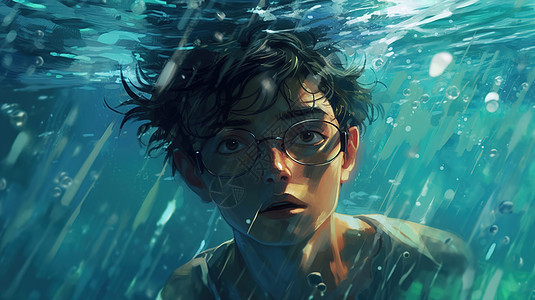 戴眼镜的男孩在水中图片