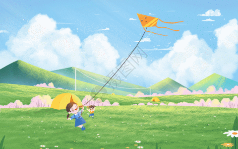 唯美治愈立春春分主题之女孩在草地上放风筝GIF图片