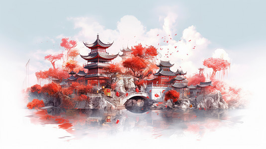中国古风建筑山水画喜庆的节日图片