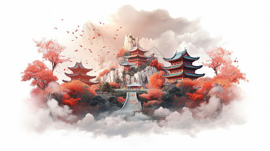 中国风在高高的山上的古风建筑被包围图片