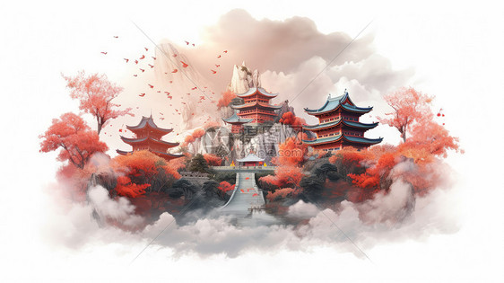 中国风在高高的山上的古风建筑被包围图片