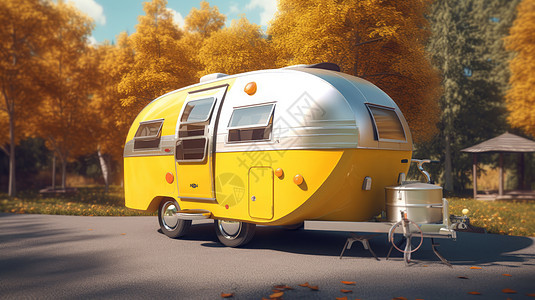 秋天停在野外的黄色露营车图片