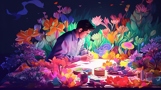 一个画画的男人在花的世界里图片