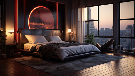 温馨复古的灰色调红色霓虹灯卧室背景图片