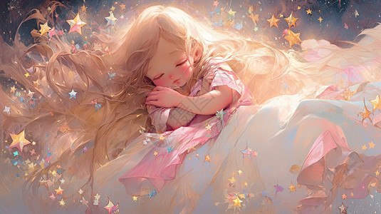梦幻金色可爱长发卡通女孩正在睡觉图片