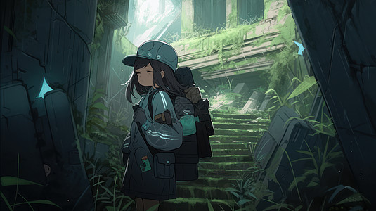 在原始森林古迹中冒险的卡通小女孩背景图片