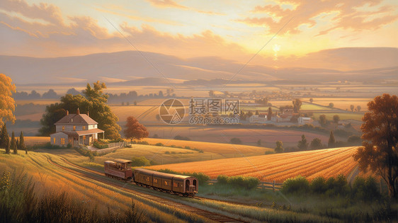 秋天太阳落山前美丽的卡通田野风景与小火车图片