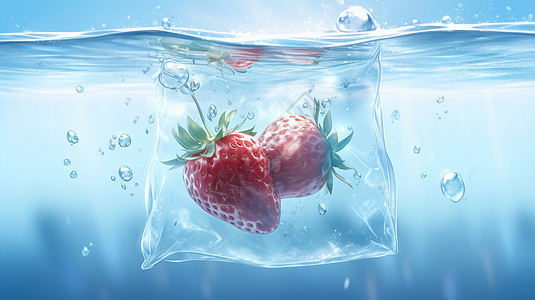装在透明的袋子里掉到水里的卡通草莓图片