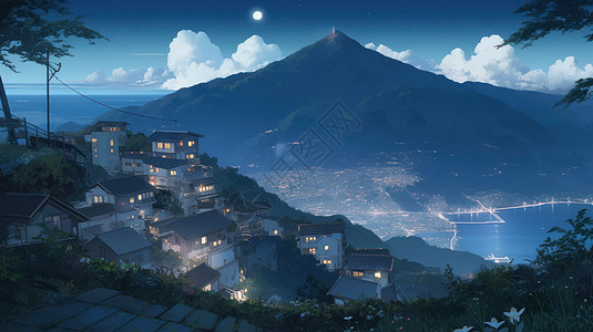 卡通小村庄远眺美丽的灯火风景图片