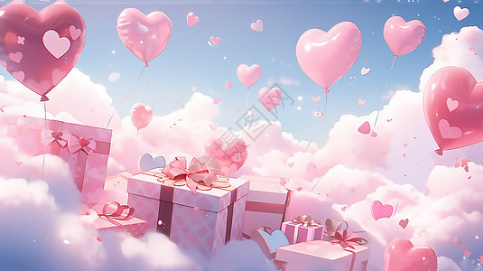 情人节心形气球和礼物图片