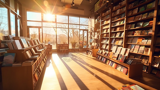 阳光透过玻璃照在书店里图片