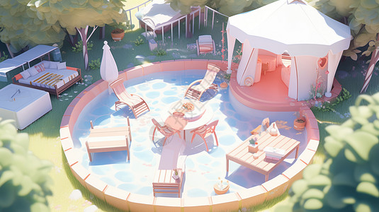 卡通夏天在水池里的休闲椅和桌子在旁边的帐篷图片