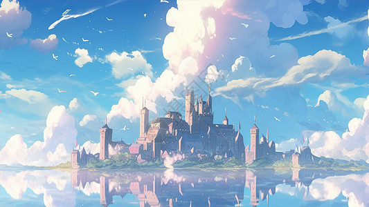 湖边漂亮的欧式复古城堡被云朵包围图片