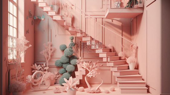 客厅旋转楼梯粉色主题立体模型图片