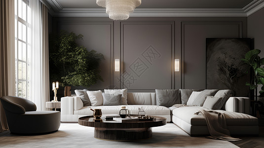 灰色调背景白色沙发放在客厅透亮的大窗子插画