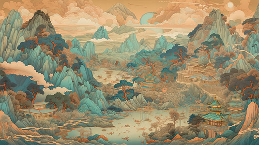 长城全景古风山水画美丽的山川河流树木风景插画