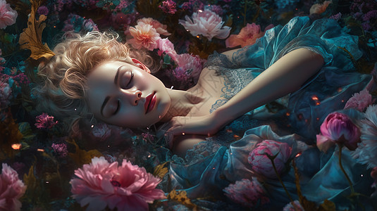 穿着蕾丝裙躺在花丛中睡觉的油画女孩高清图片