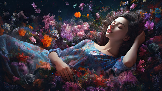 优雅穿花裙子的女孩躺在花丛中闭眼休息图片
