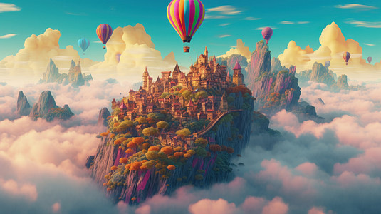 在山尖上的复古炫彩梦幻卡通城堡飘着热气球艺术图片