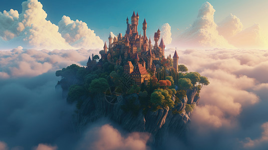 飘浮在云朵上的复古卡通城堡空岛图片