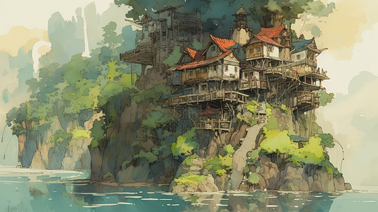 河边的山上梦幻卡通房子图片