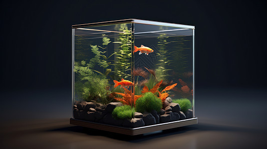 有红色海草和小红鱼的透明玻璃鱼缸图片