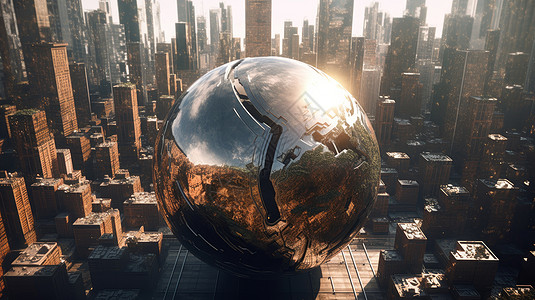 科幻城市楼群中一颗巨大的金属球城市雕塑图片