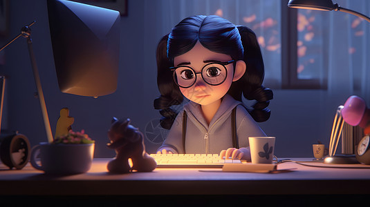 在台灯下敲键盘戴眼镜的卡通女孩图片
