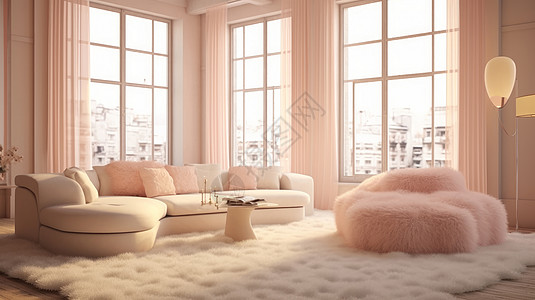 淡粉色调毛茸茸的地垫华丽的客厅背景图片
