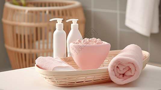 洗澡毛巾浴室的竹筐里放着粉色毛巾和沐浴用品背景