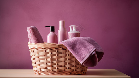 在紫色墙前面放着一筐洗浴用品图片