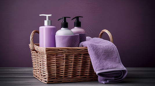 竹筐里装着紫色毛巾和护肤品瓶子图片