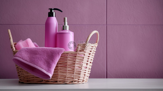 竹篮子里放着一块紫色毛巾和沐浴露润肤乳瓶图片