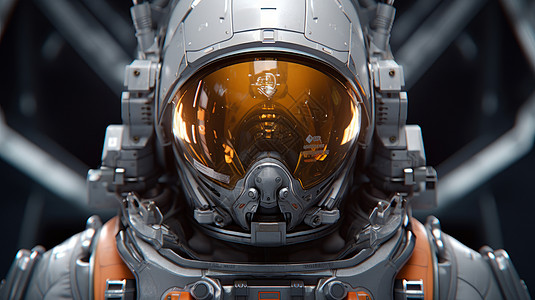 科幻穿银色太空服橙色面罩的人在空间站图片