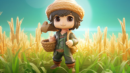 拿着农具站在麦子地里的大眼睛立体卡通小男孩图片