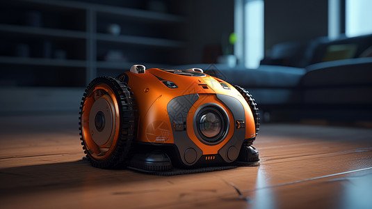 智能扫地机器人橙色在地板上图片