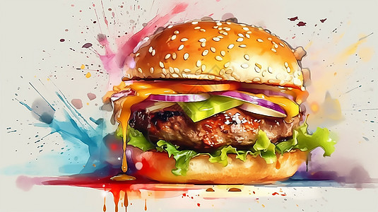 喷溅艺术食品汉堡包水彩画图片